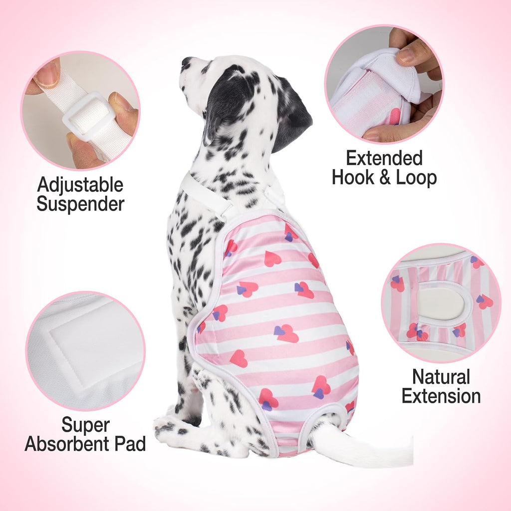 Reusable dog sanitary pantie with adjustable suspenders pink heart pattern
