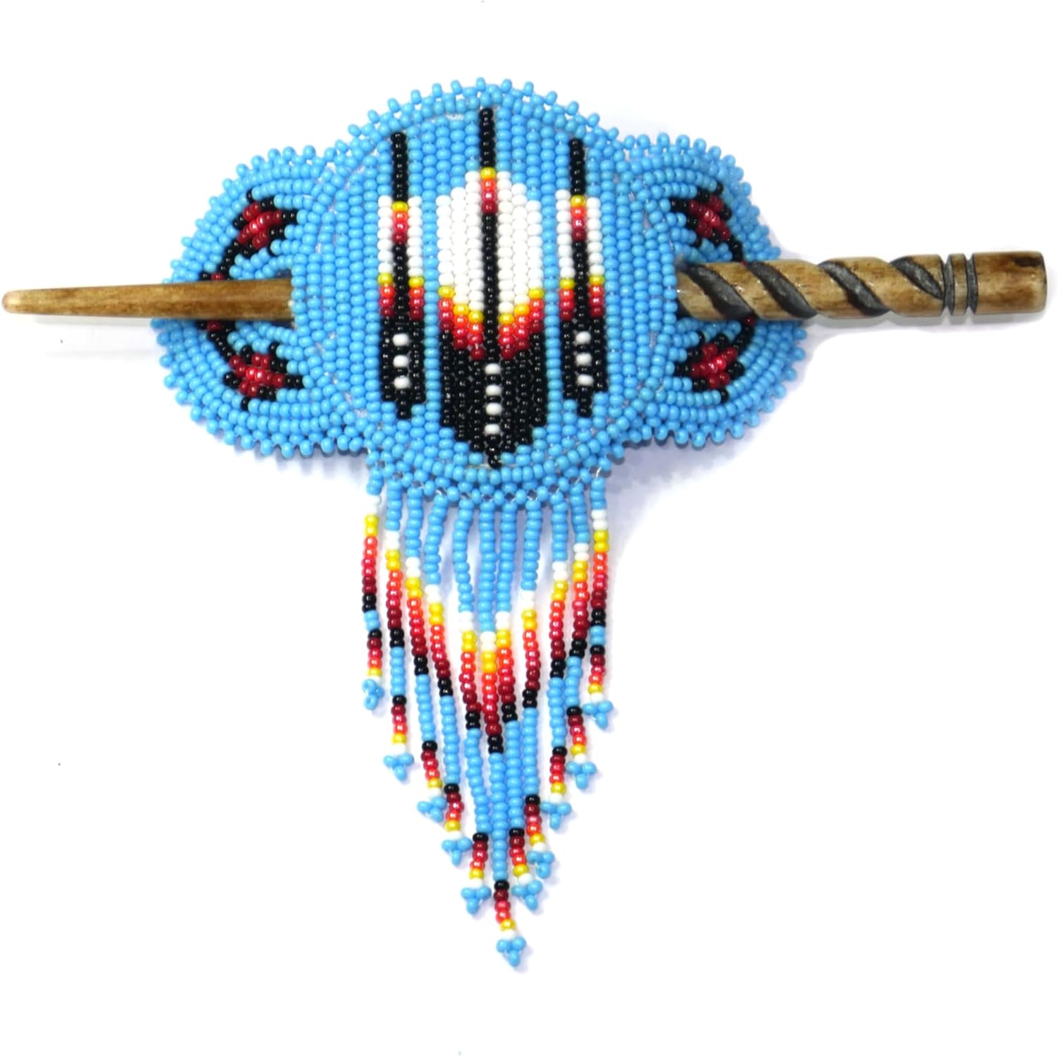 Buybeaded Native American Style Handmade Beaded Hair Clip Pattern HC-43 front view showing intricate blue white and red seed beadwork with a carved wooden stick