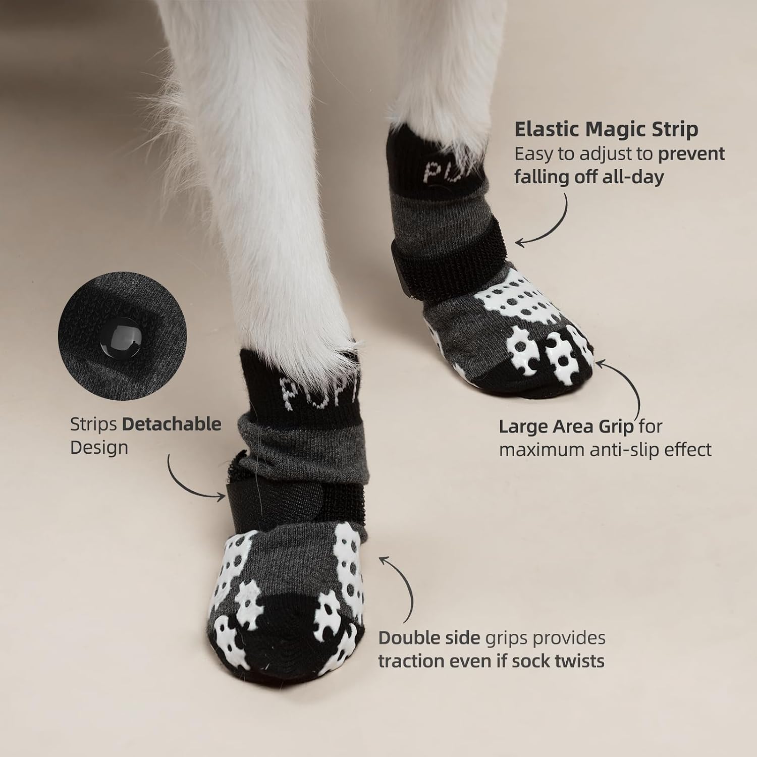 Close up of double sided silicone paw grips on dog socks