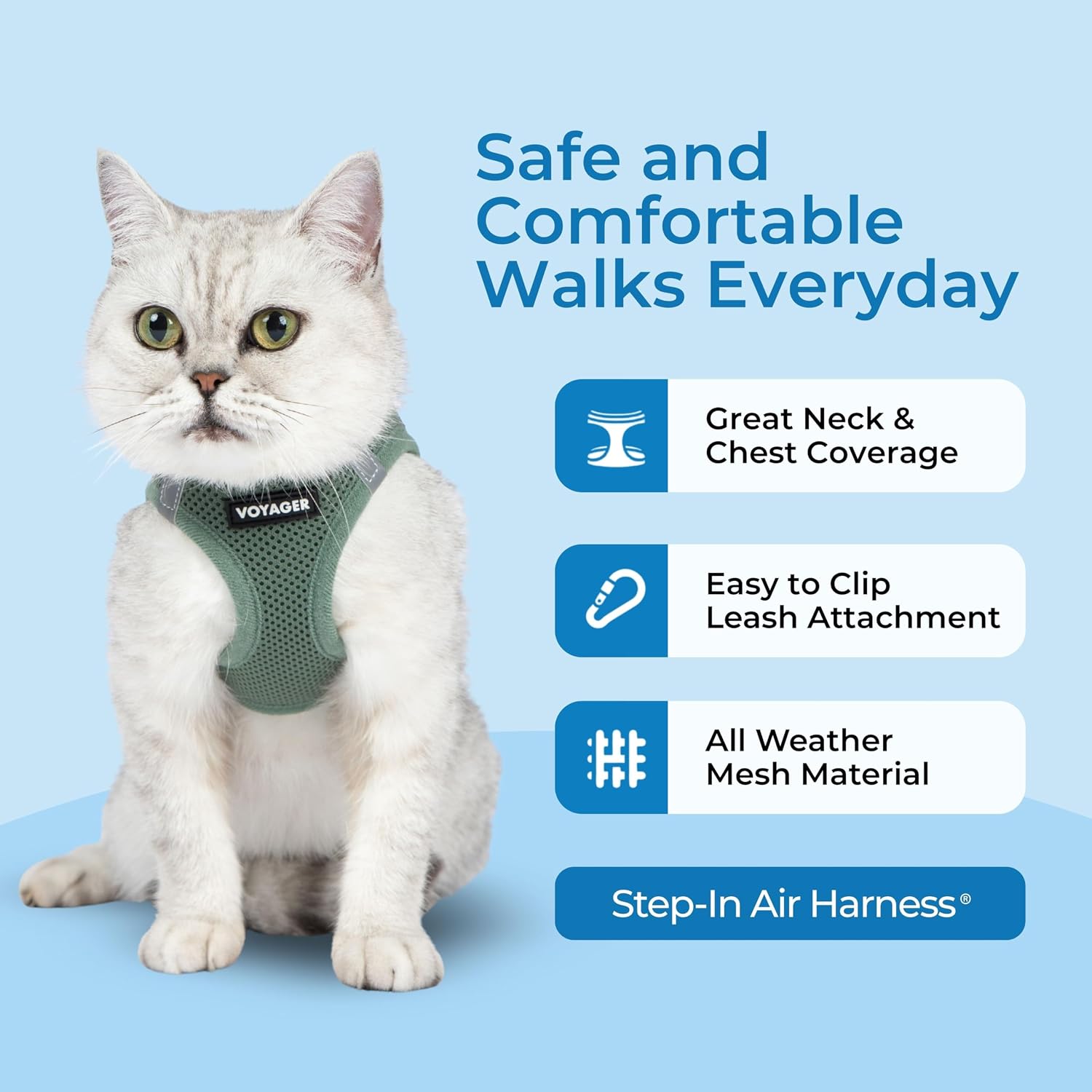 Escape proof cat vest harness with secure triple buckle closure system