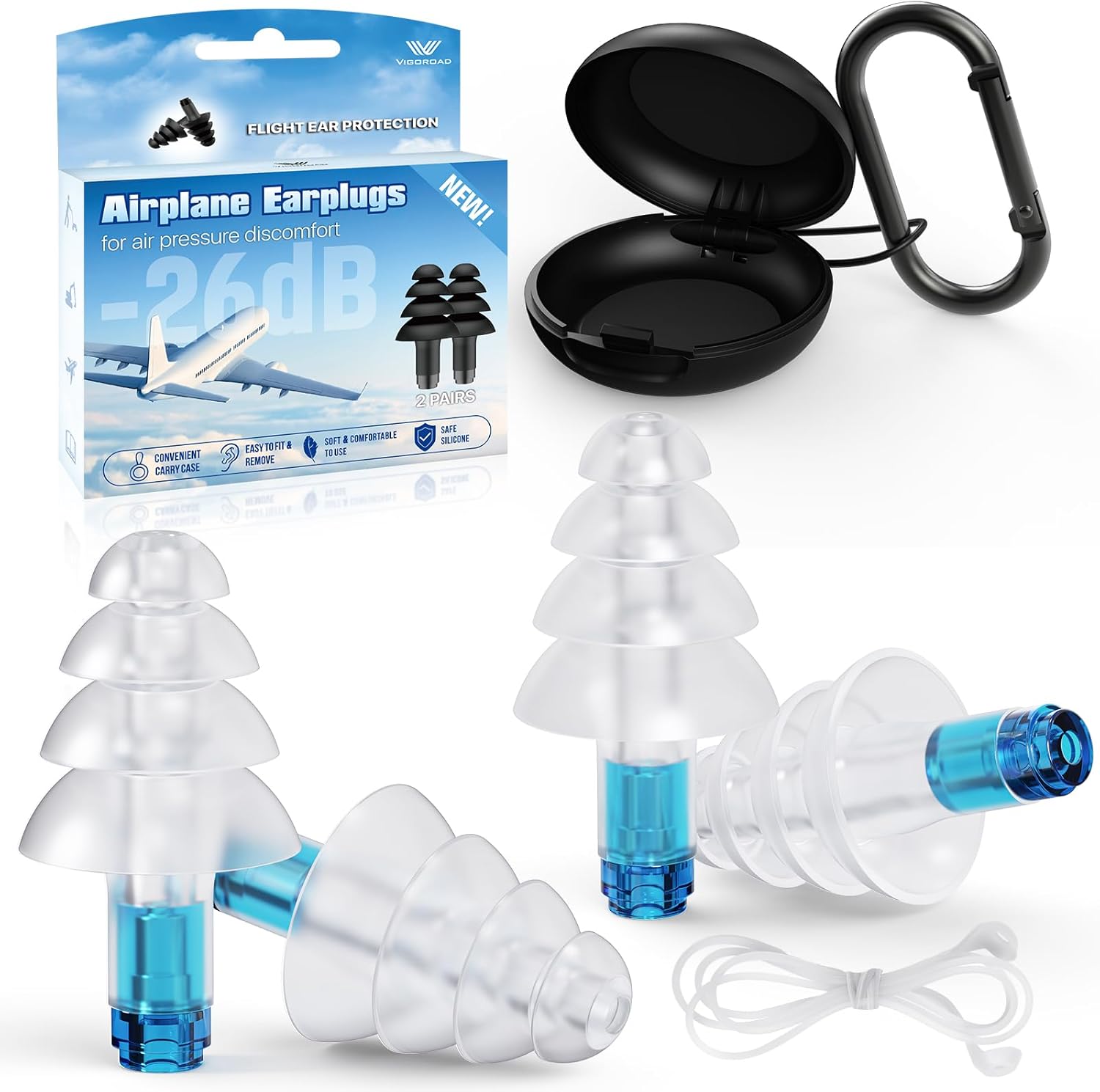 Vigoroad airplane pressure relief ear plugs front view showing adult black silicone design and storage case