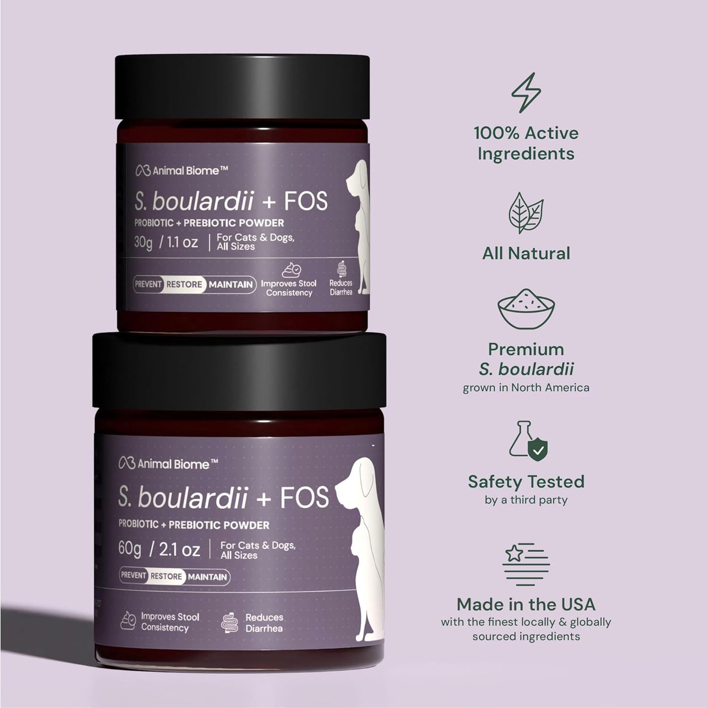 Close up of the nutritional facts on AnimalBiome S Boulardii FOS pet supplement