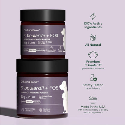 Close up of the nutritional facts on AnimalBiome S Boulardii FOS pet supplement