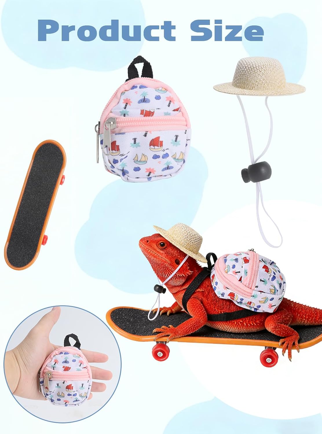 Miniature reptile skateboard accessory for bearded dragons on a flat surface.