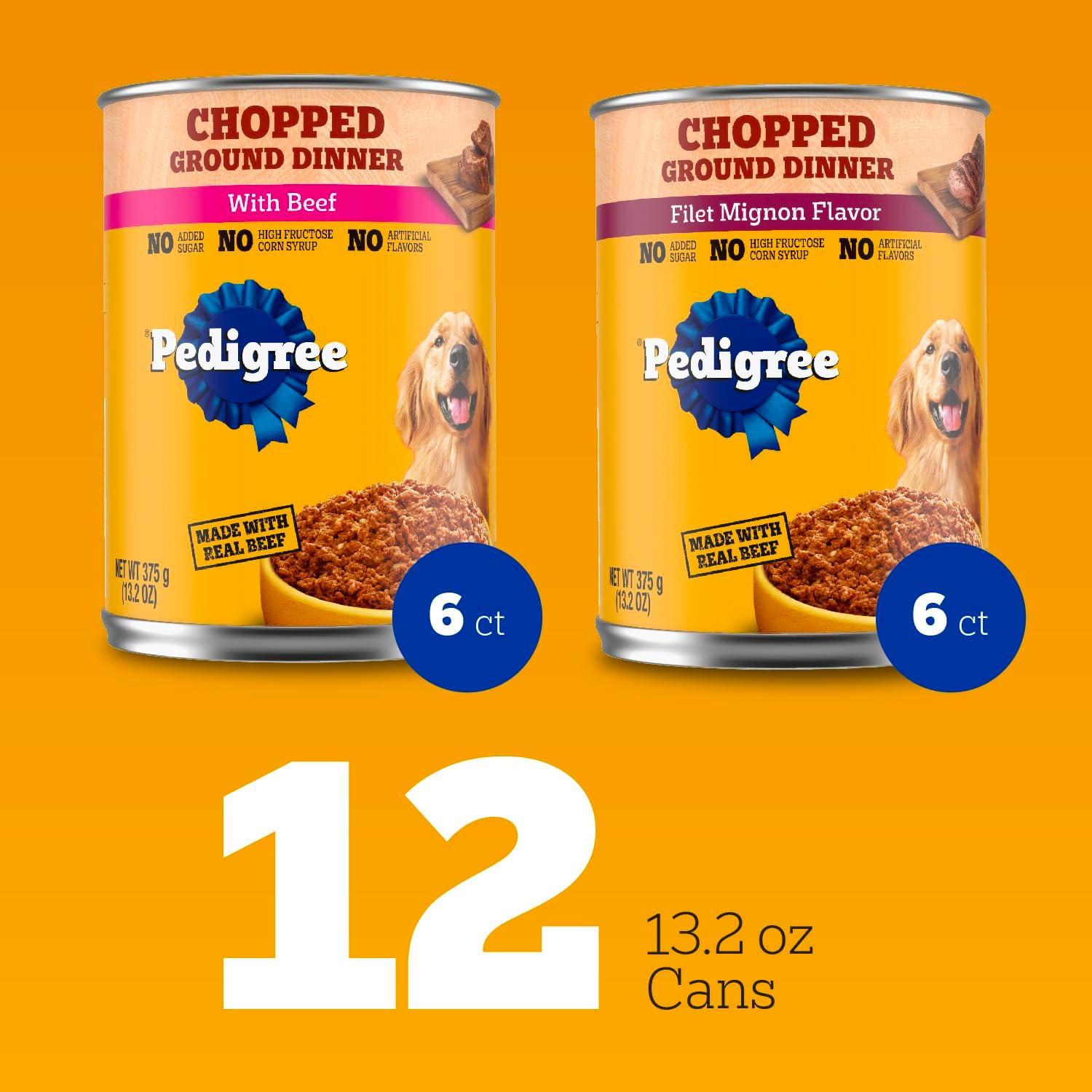 Pedigree adult canned wet dog food variety pack showing real beef and filet mignon flavor options side angle view