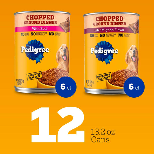 Pedigree adult canned wet dog food variety pack showing real beef and filet mignon flavor options side angle view