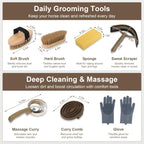 Swess horse brushes and mane comb arranged outside the blue mesh tote bag.