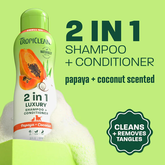 Tropiclean pet shampoo bottle with natural ingredient icons