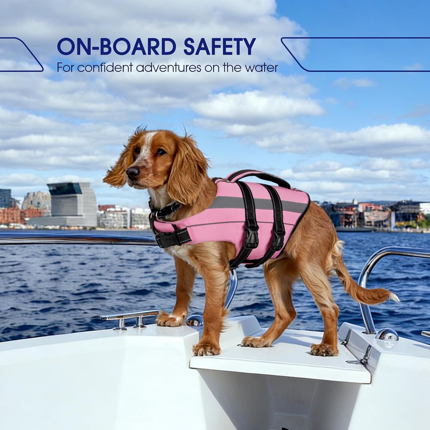 FUAMEY pink dog flotation swimsuit showing reflective strips in low light
