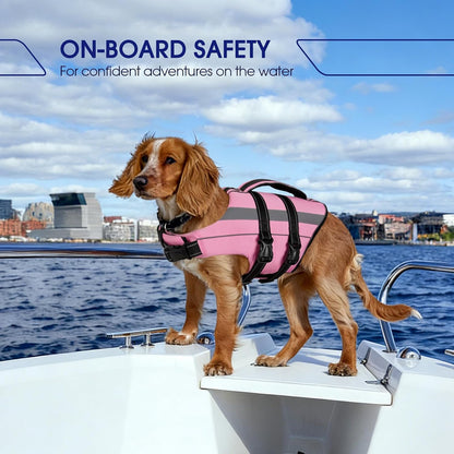 FUAMEY pink dog flotation swimsuit showing reflective strips in low light