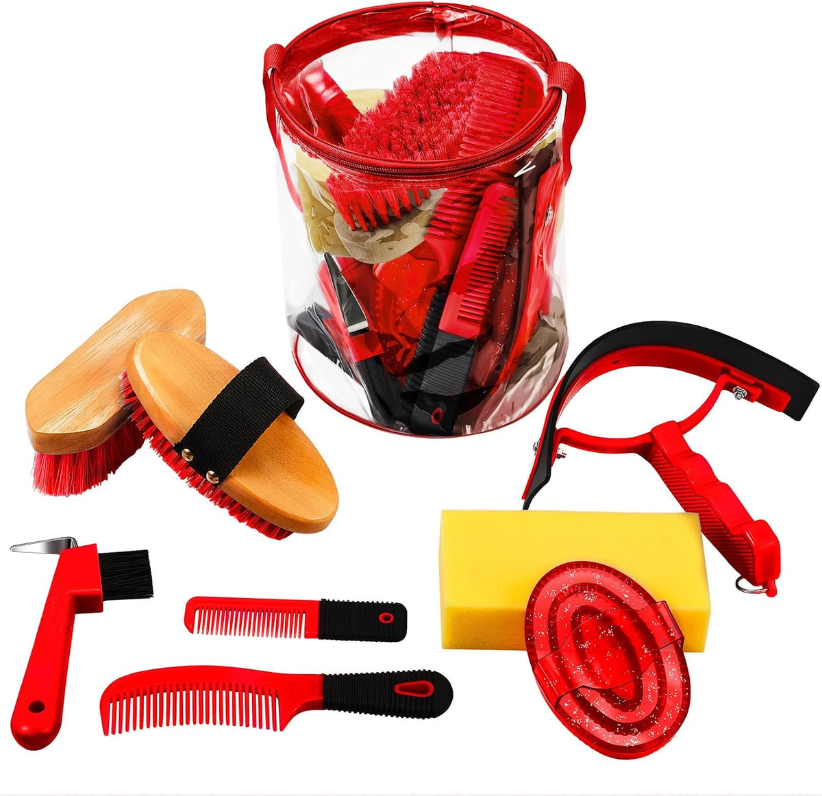 Cunhill 9 Pcs Horse Grooming Kit Tack Room Supplies Set with Tote Bag, Oval Massage Curry, Hard and Soft Brush, Hoof Pick, Sweat Scraper, Bathing Sponge, Comb for Horse Rider(Cute,Blue) - Image 15