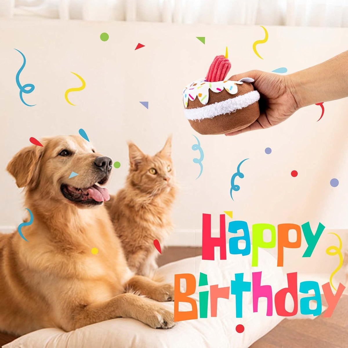 Lilfrd plush birthday dog toy with colourful embroidered sprinkles and Happy Birthday text