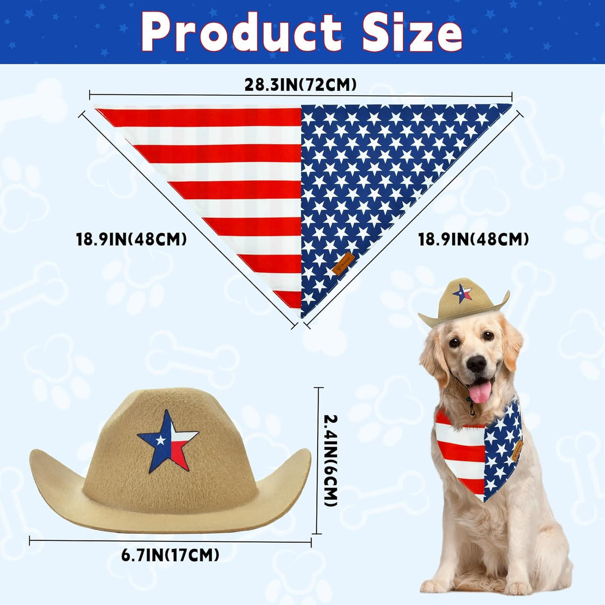 Small dog wearing patriotic cowboy hat and American flag bandana