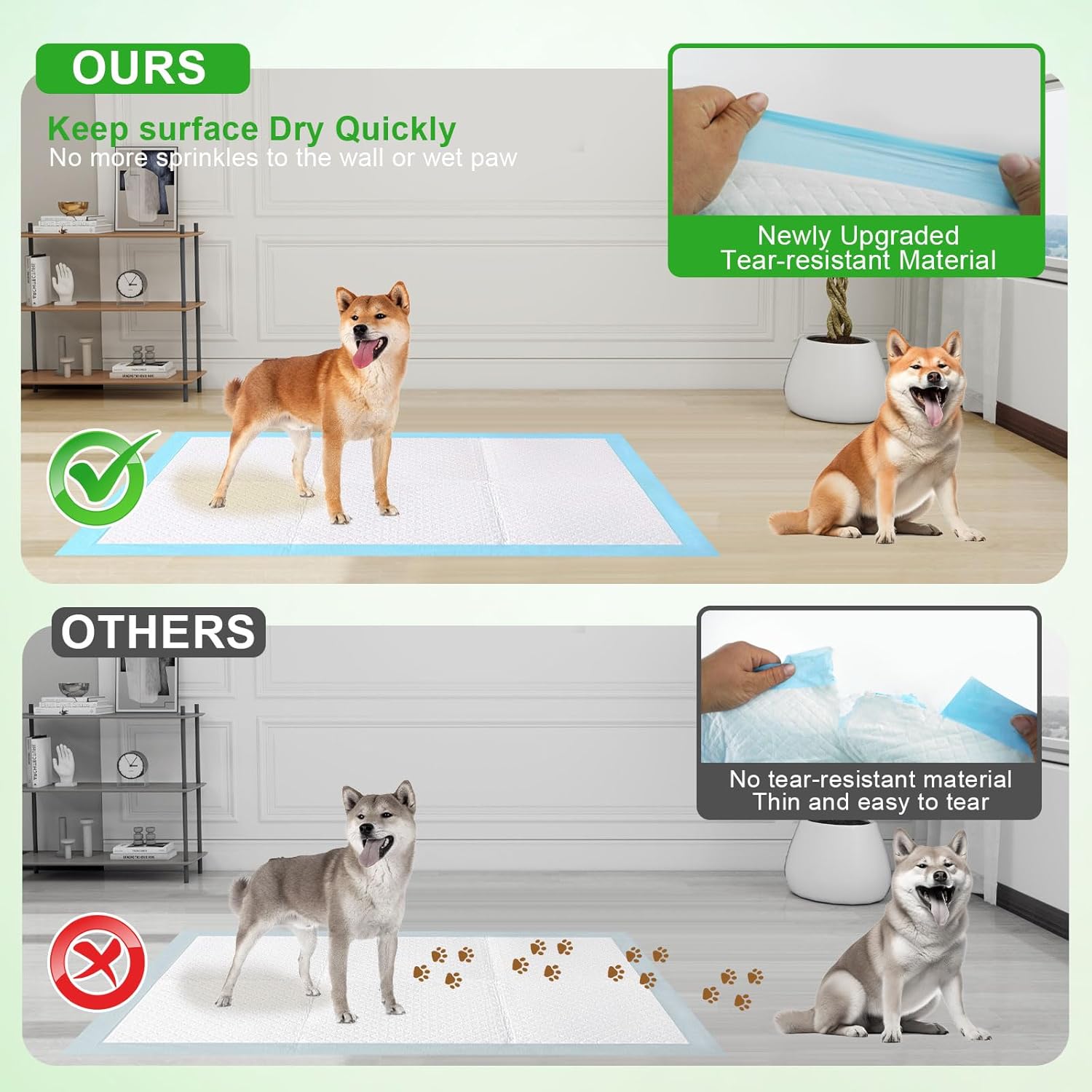 Thickened quick dry puppy pee pads for indoor housebreaking and travel crate liner.