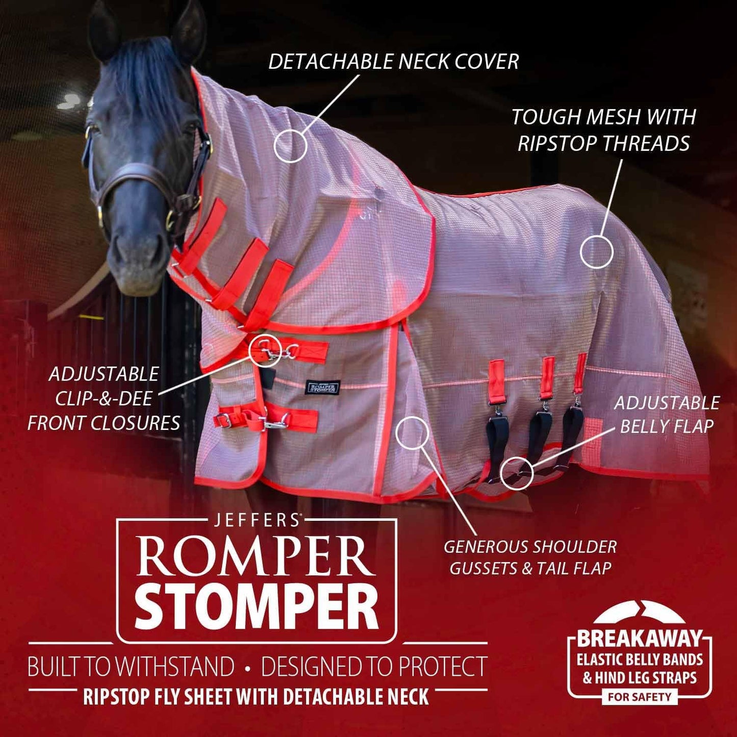 Close up of the adjustable clip and dee chest closures on Jeffers horse sheet