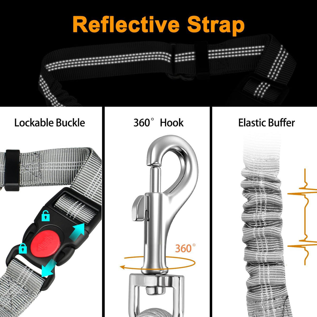 Giiyoe chew proof seat belt showing shock absorbing bungee feature