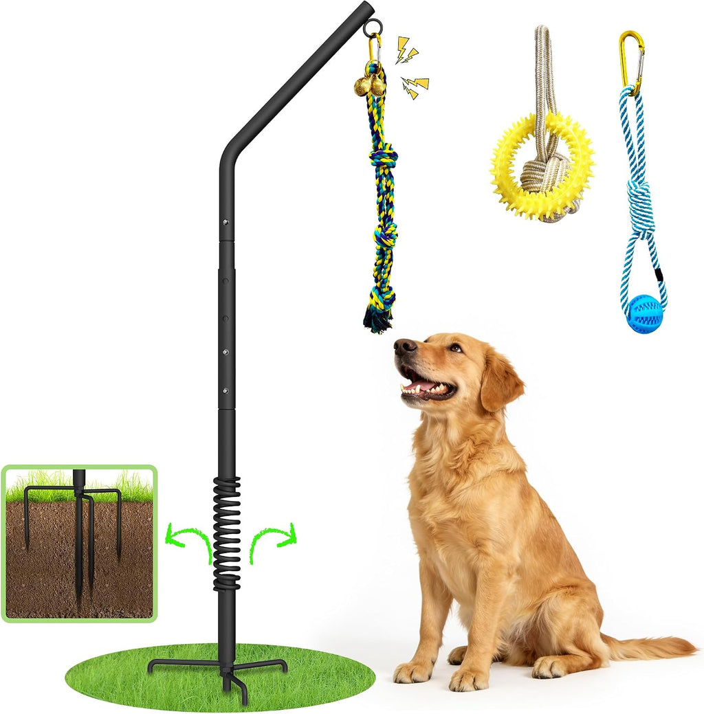 AugFir tether outdoor dog rope toy front view installed in yard for solo pet exercise.