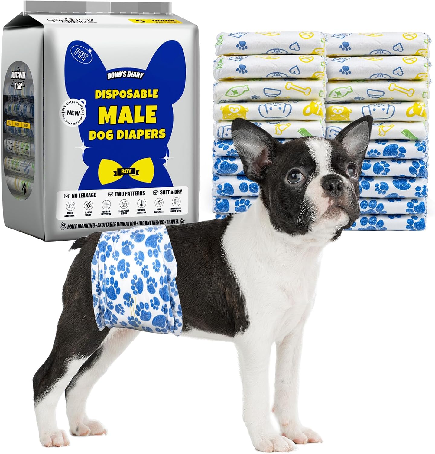 Dono Disposable Male Dog Diapers front view showing the 60 count packaging graphic