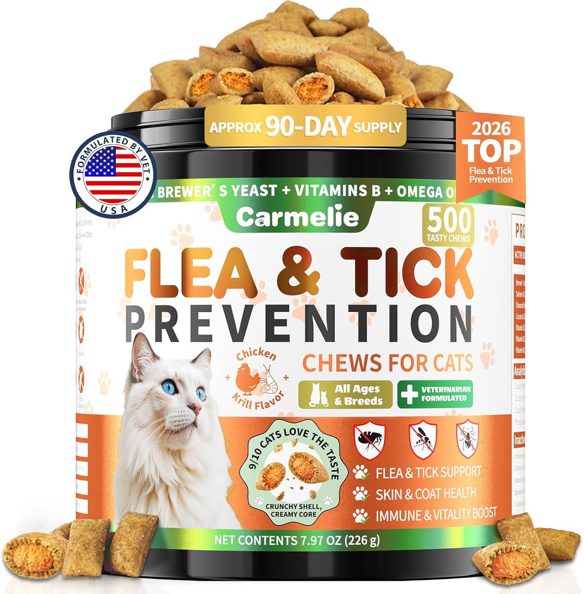 VICSOM flea and tick prevention chews for cats front view jar