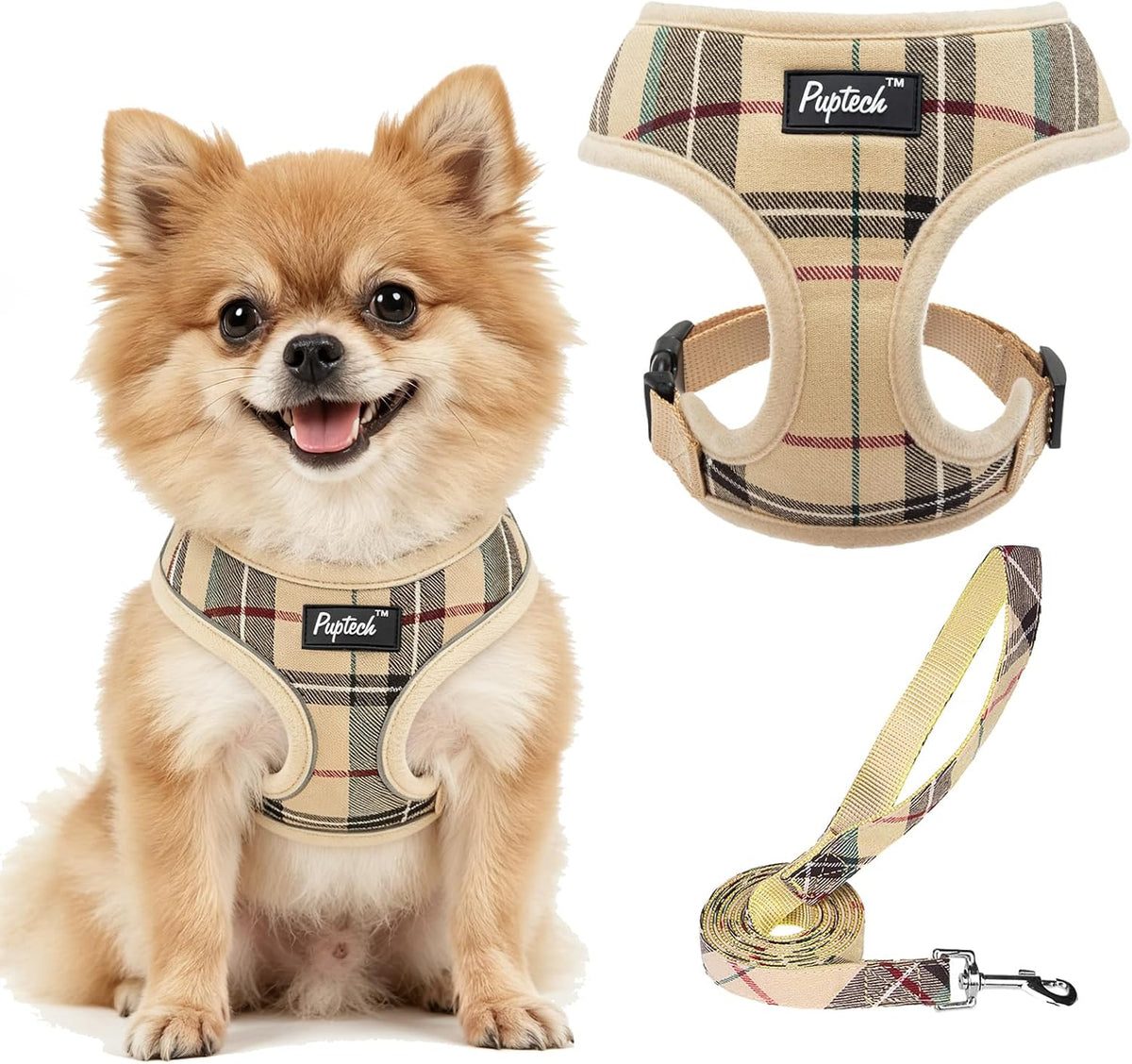 Pupteck soft mesh dog harness and leash set front view beige