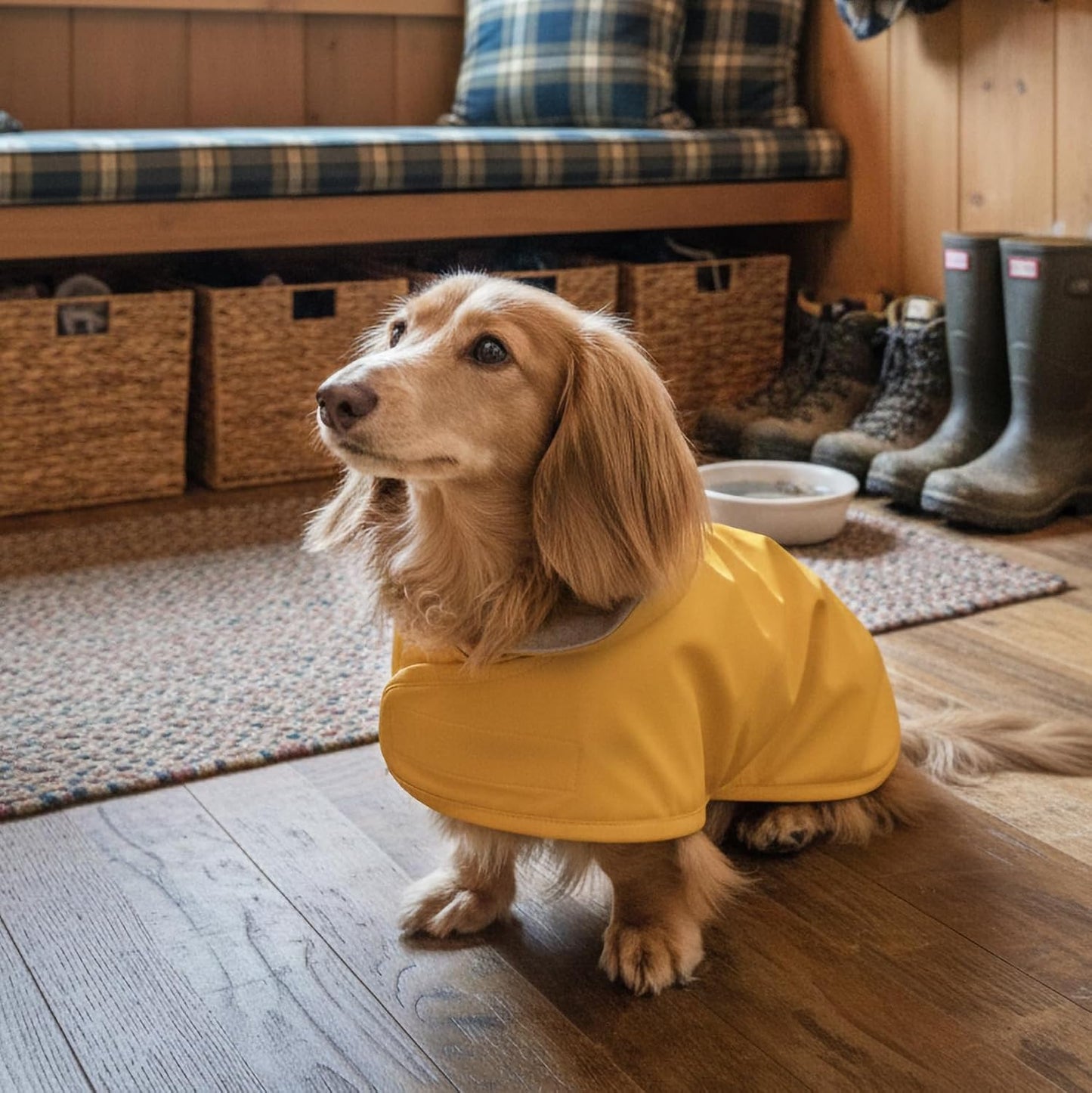 Hudson Hound yellow small dog coat emphasizing the weather protected harness opening flap.