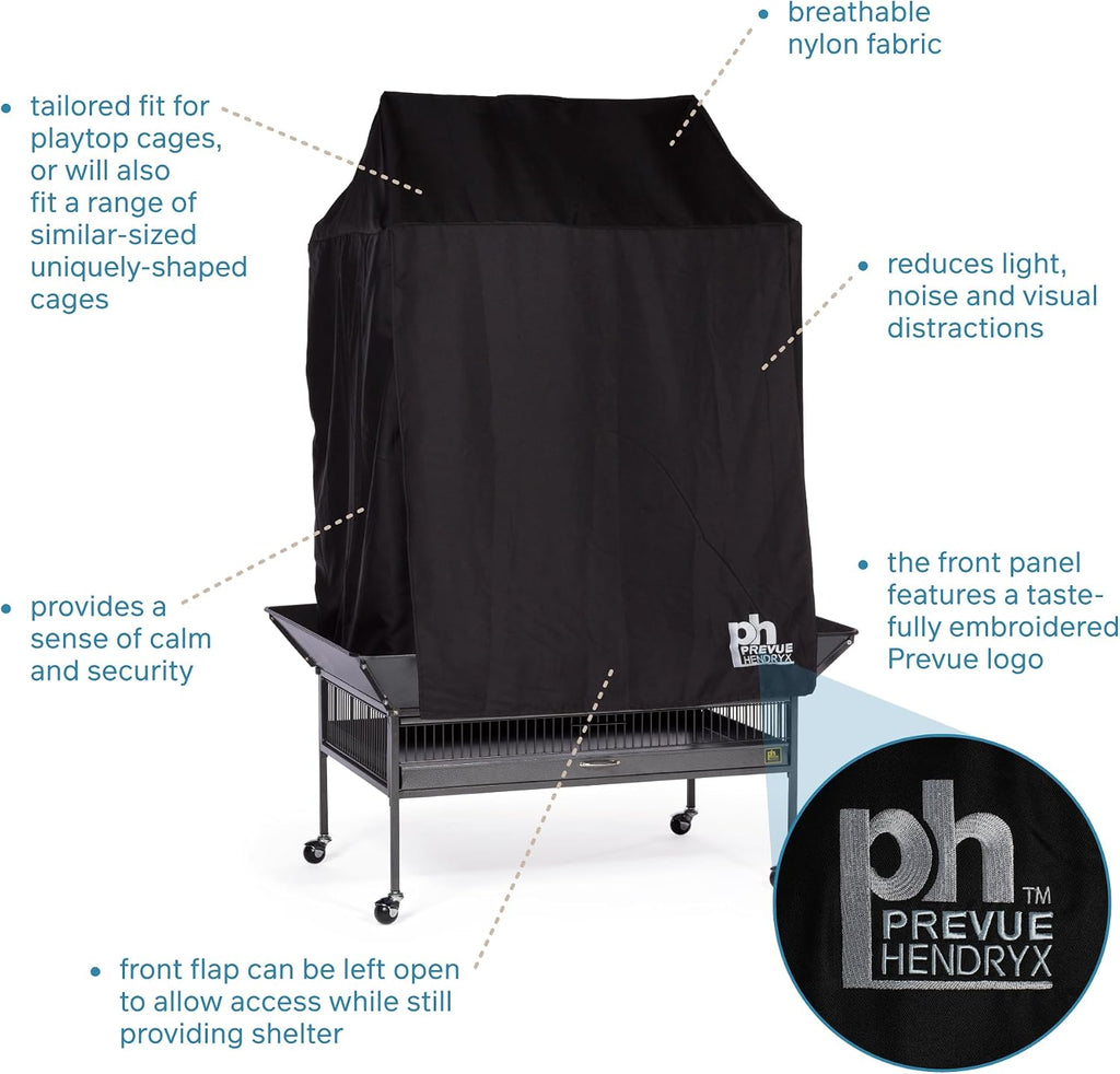 Side view of Prevue Pet Products 12505 cover fitted on a rolling bird cage