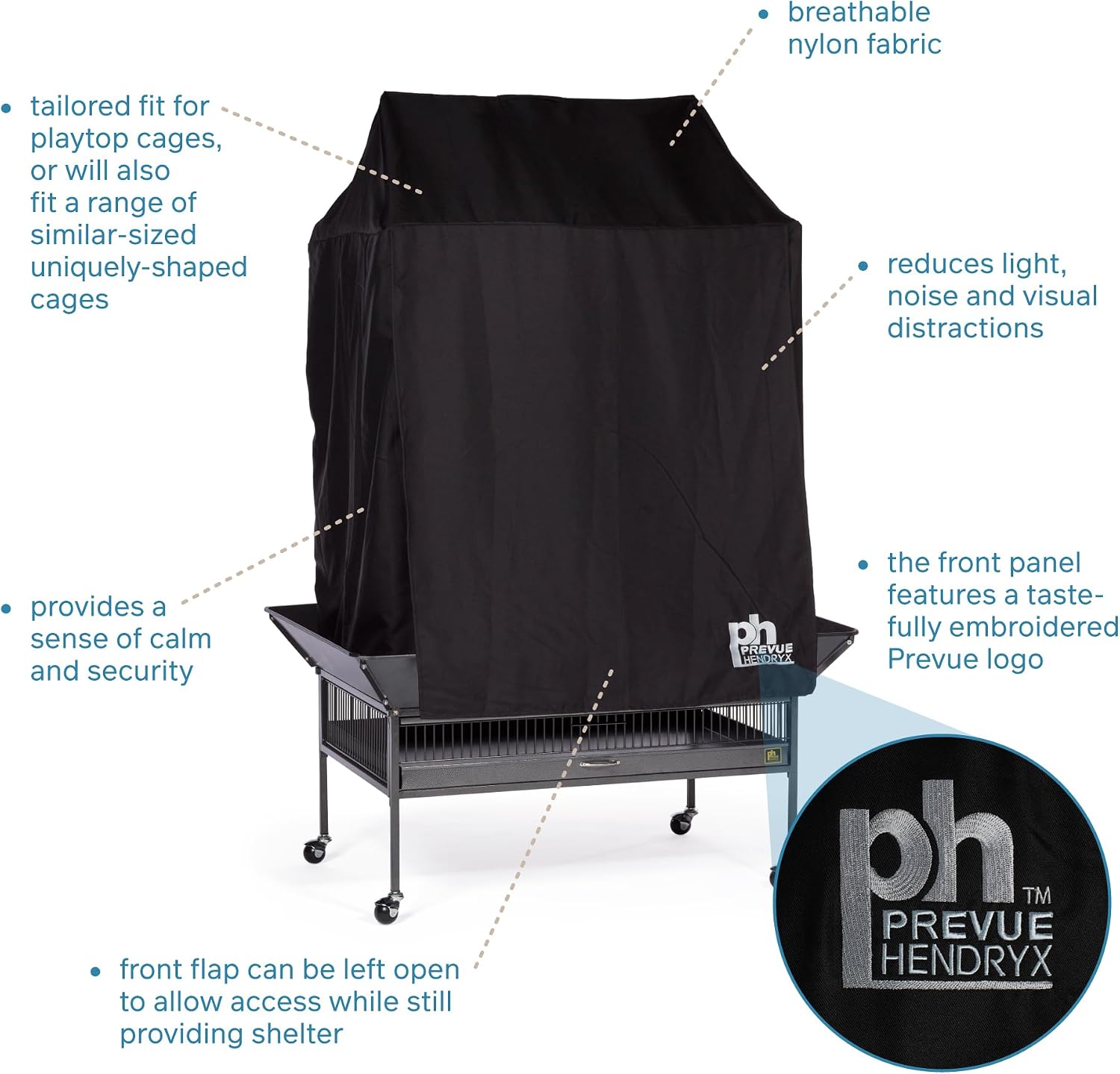 Prevue Pet Products universal bird cage cover showing the open adjustable front flap
