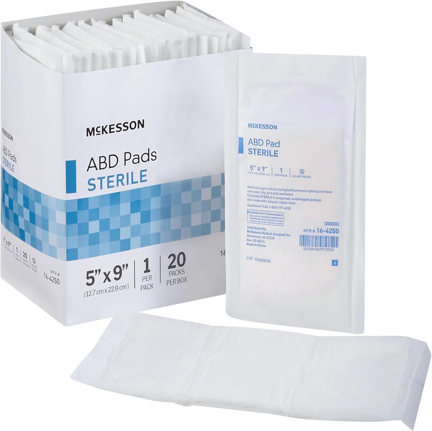 McKesson Sterile Abdominal Pads front view of the commercial bulk packaging box showing wound care product details.