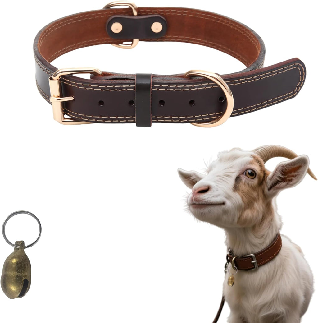 CWYZA genuine leather goat collar front view with brass bell