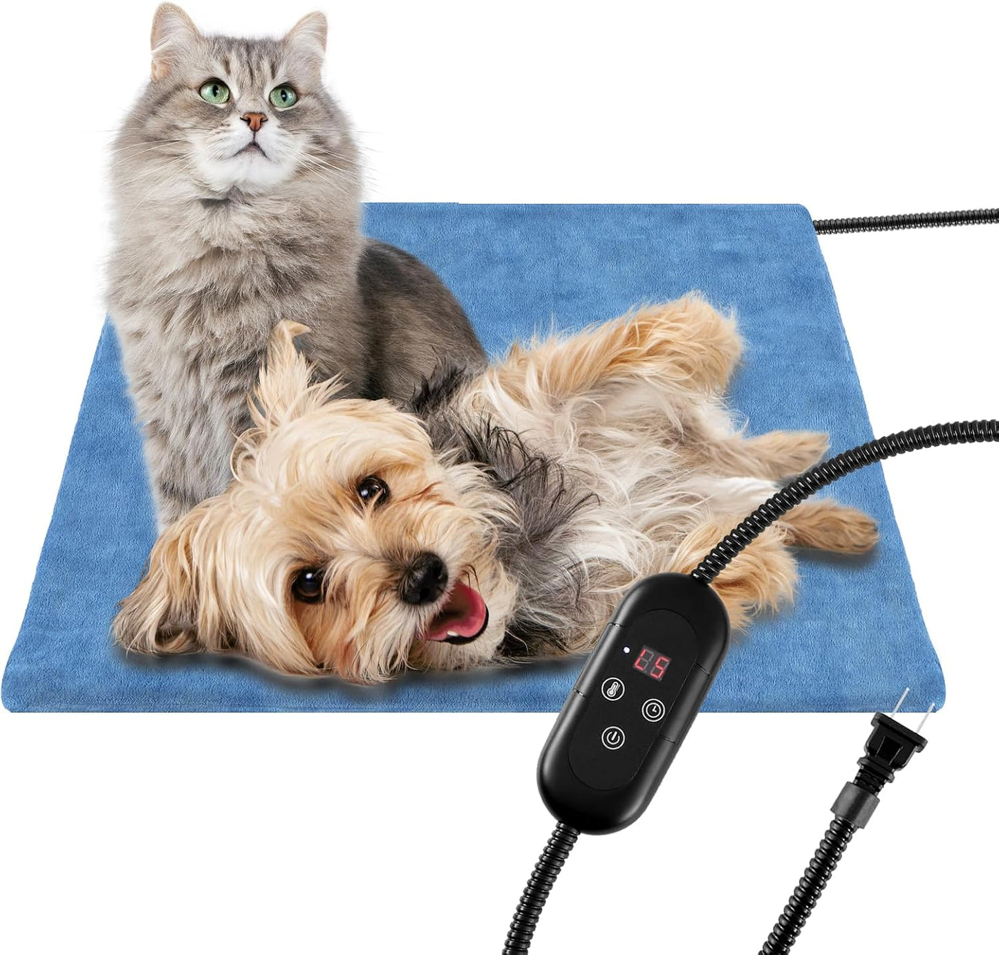 KEKELAN pet heating pad front view showing the digital controller and plush velvet cover.