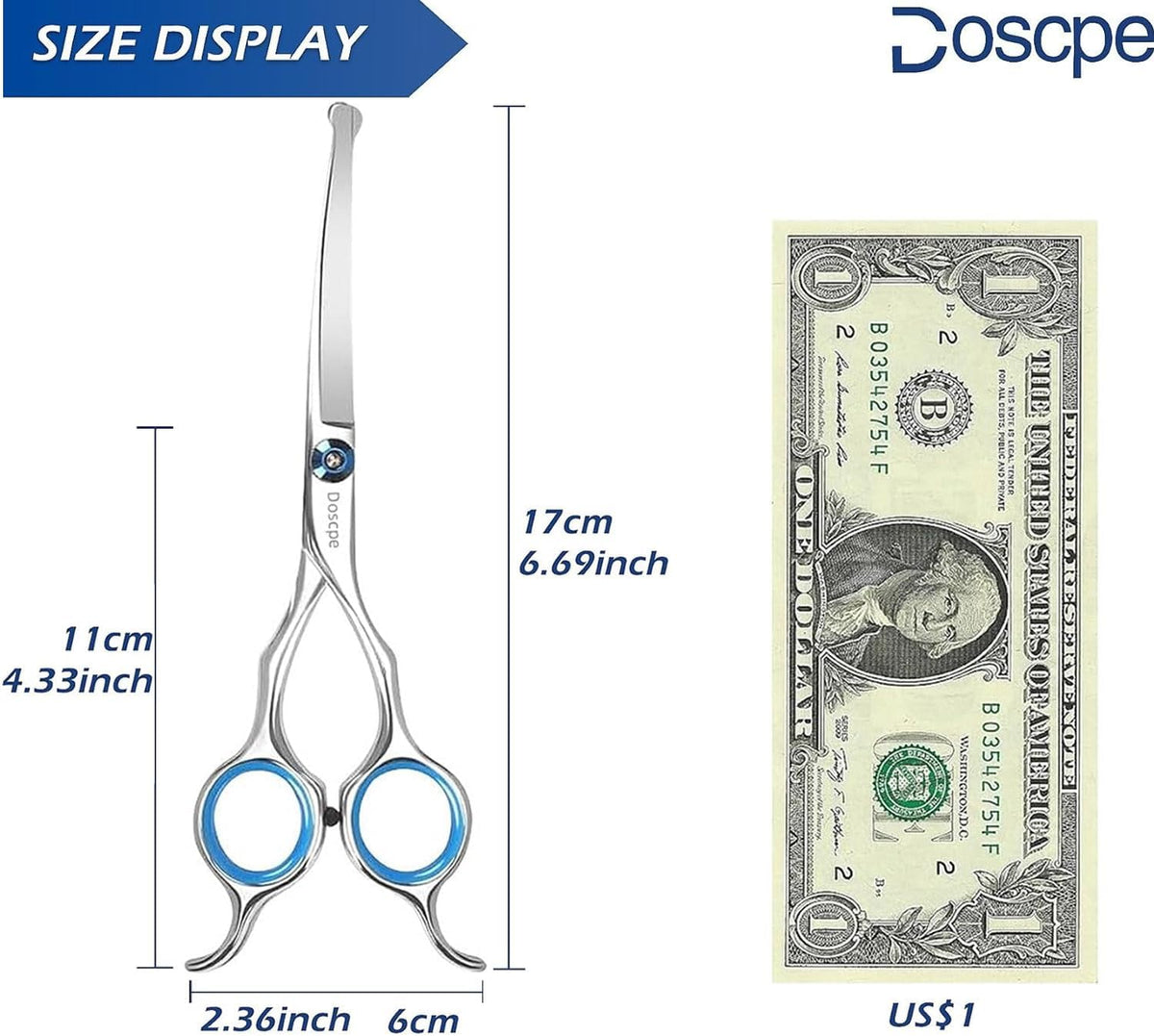 Doscpe ambidextrous pet grooming scissors showing the ergonomic double finger rest