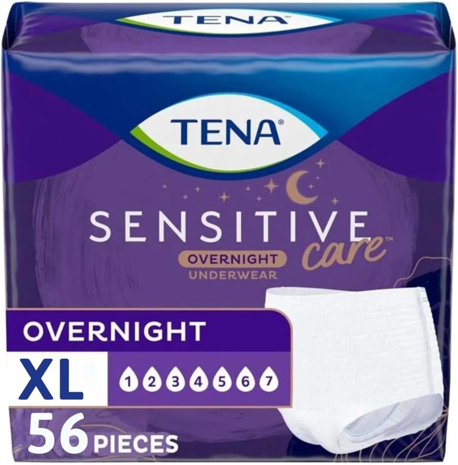 TENA Sensitive Care Overnight Incontinence Underwear for Women front packaging view showcasing 56 count extra large size.