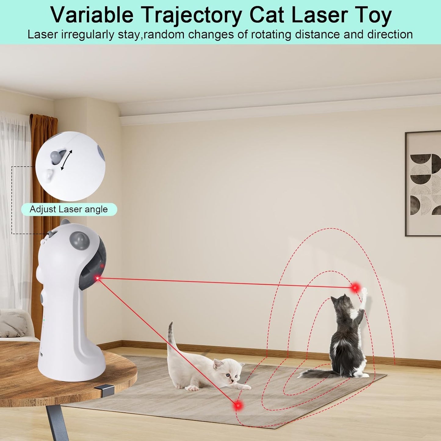 Automatic laser pet toy projecting mouse and star patterns onto a living room floor