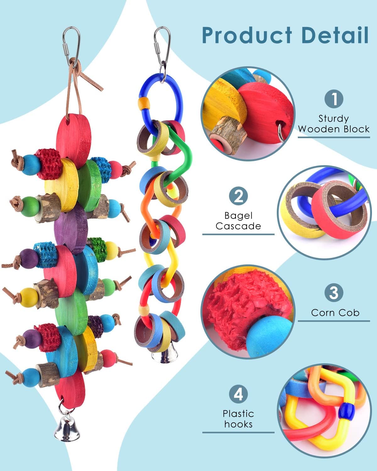 Side profile of the non toxic wooden blocks and hanging bell on the authentic Bissap pet bird toy set.