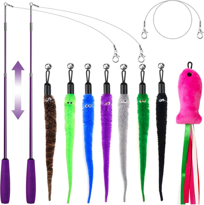 ZeyZoo interactive cat toy wand pack front view showing two purple retractable rods and various colorful worm refills.