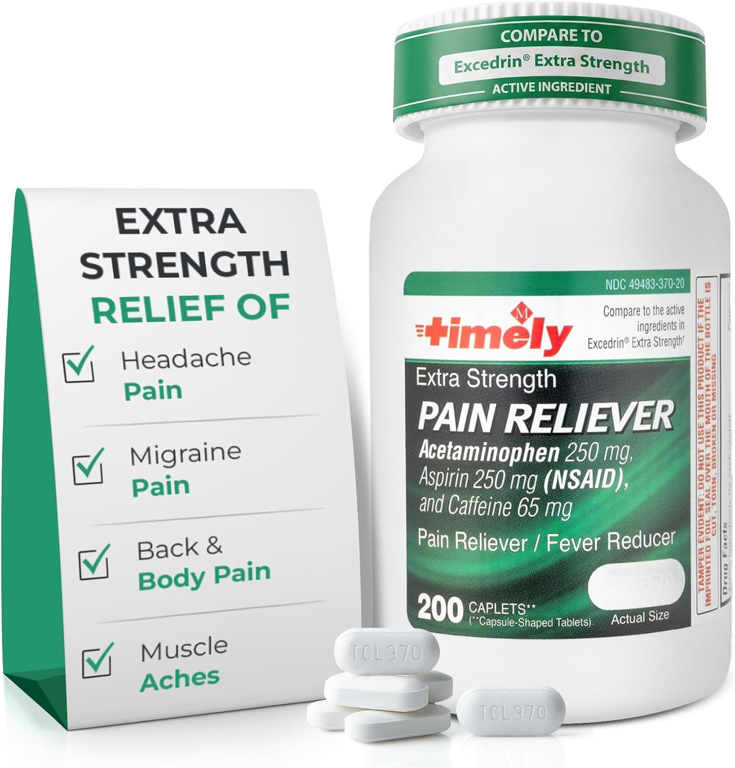 TIME-Cap Labs Extra Strength Acetaminophen 250mg with Aspirin 250mg & Caffeine 65mg Caplets - Triple Action Pain Reliever for Migraines & Headache Relief, Muscle Aches & Body Pain (200 Count) - Image 1