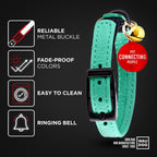 Mint green leather kitten collar displayed flat showing length adjustment holes