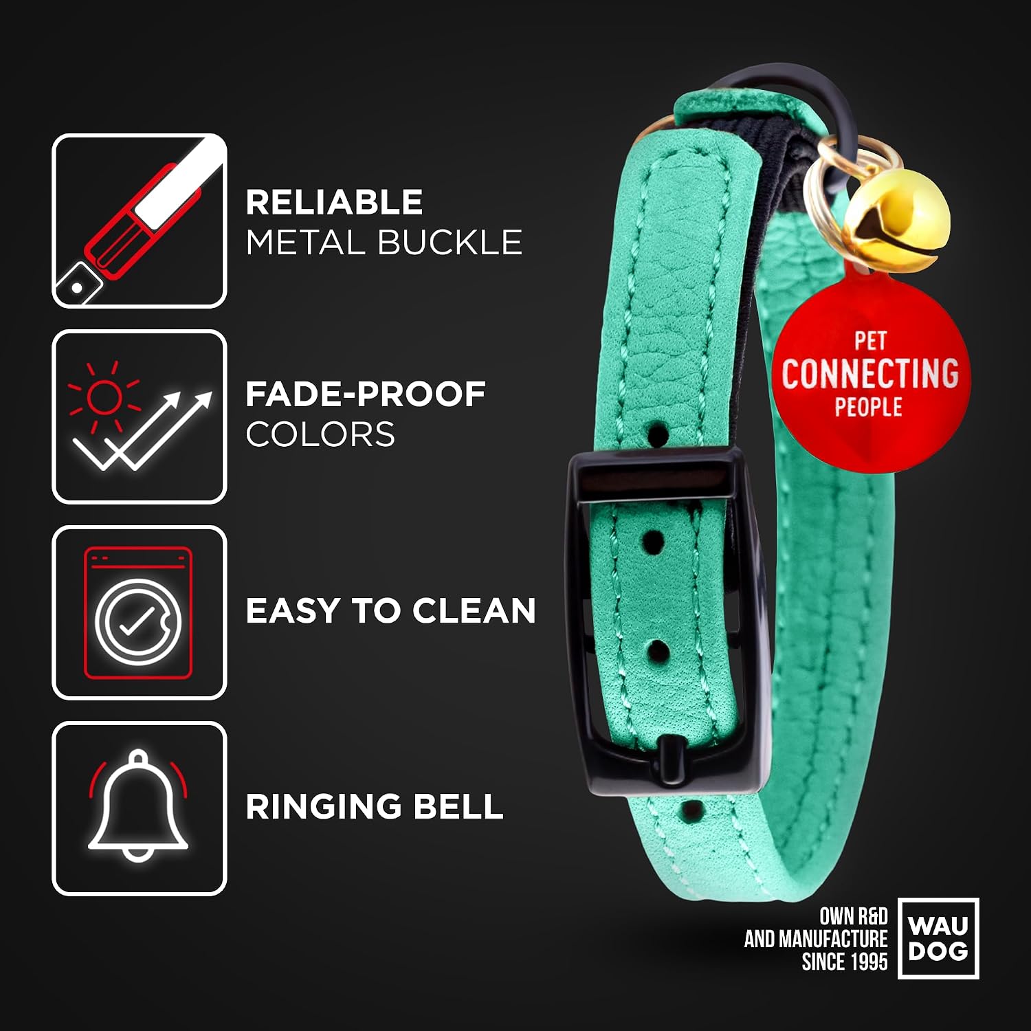 Mint green leather kitten collar displayed flat showing length adjustment holes