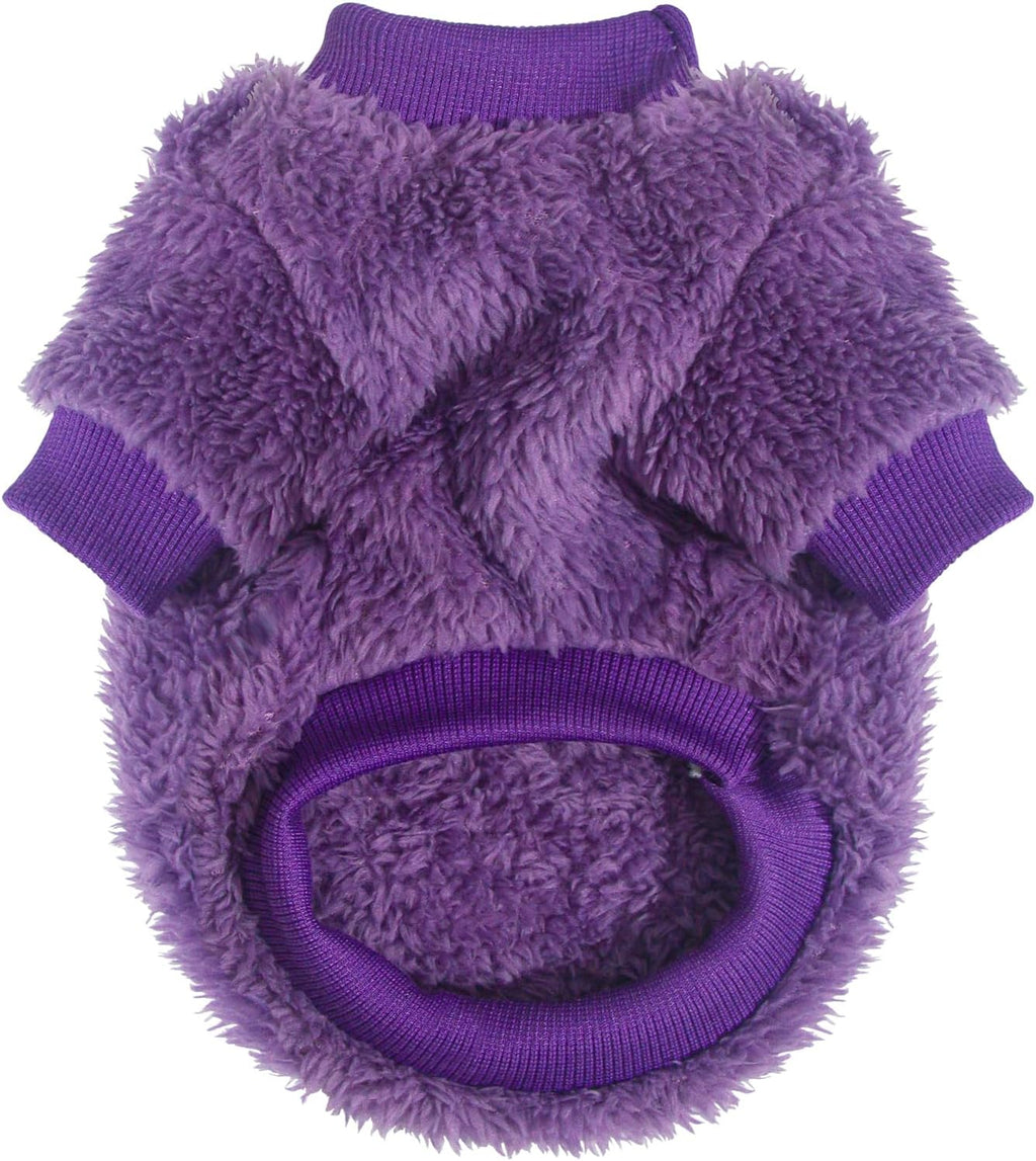 A small kitten wearing the comfortable extra extra small winter fleece apparel indoors.