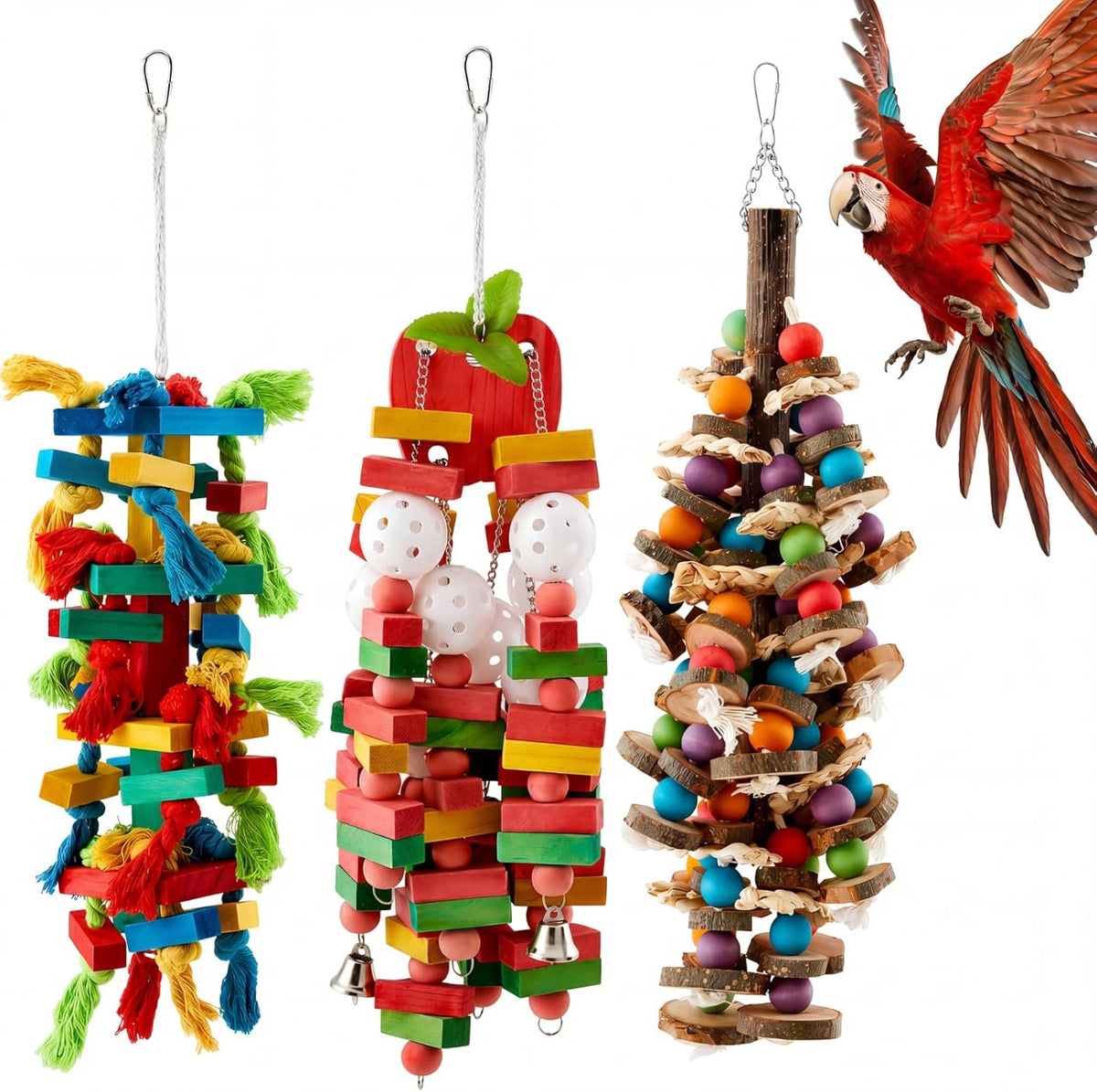 Seenelling 4 Pcs Extra Large Bird Parrot Toy Multicolored Natural Wooden Parrot Cage Chewing Toys for Large Medium Macaws Cockatoos African Grey Birds (Block and Ball) - Image 12