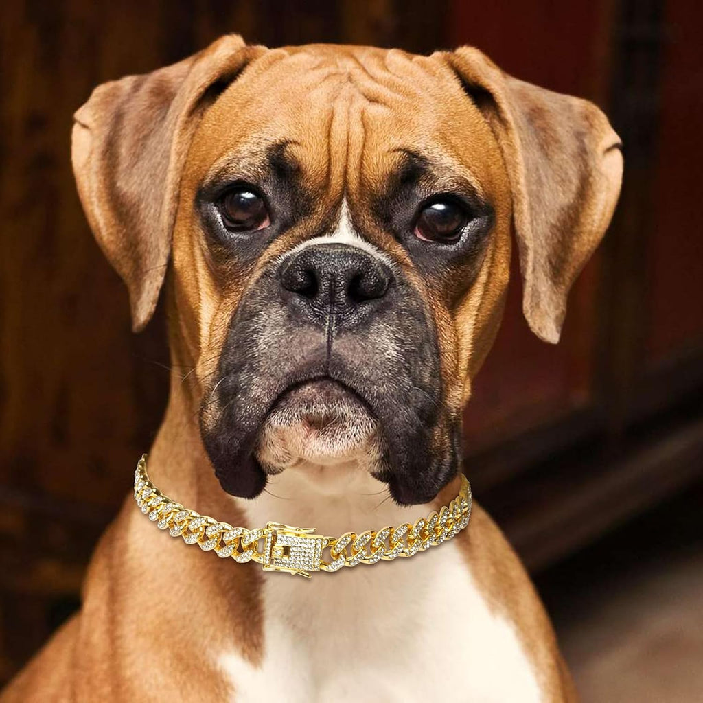 Goetltsch eight inch gold crystal pet jewelry collar displayed flat to show the complete link pattern and buckle craftsmanship.