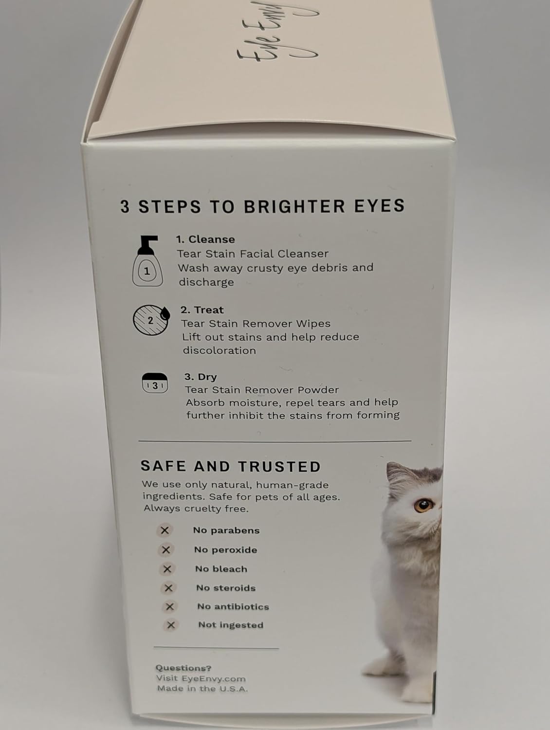 Close-up of the Eye Envy cat eye care starter set with natural ingredients for sensitive pet skin.