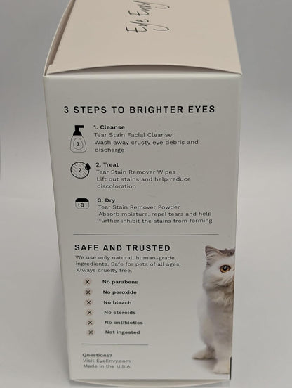 Close-up of the Eye Envy cat eye care starter set with natural ingredients for sensitive pet skin.