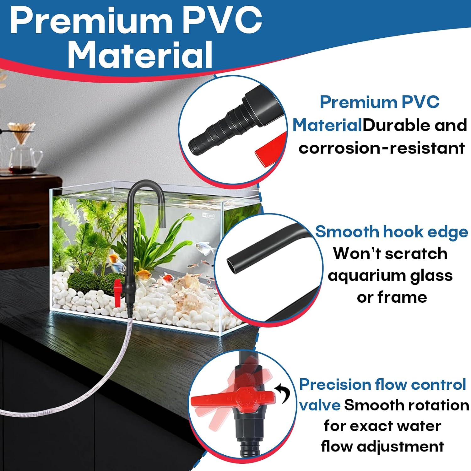 Dongker automatic fish tank water filler showing compatibility with multiple hose sizes.