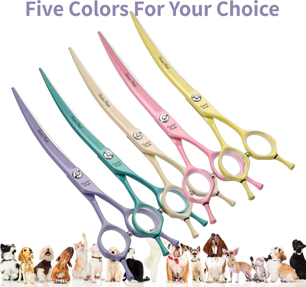 Fenice Peak pet grooming scissors showing the precise curvature of the blade