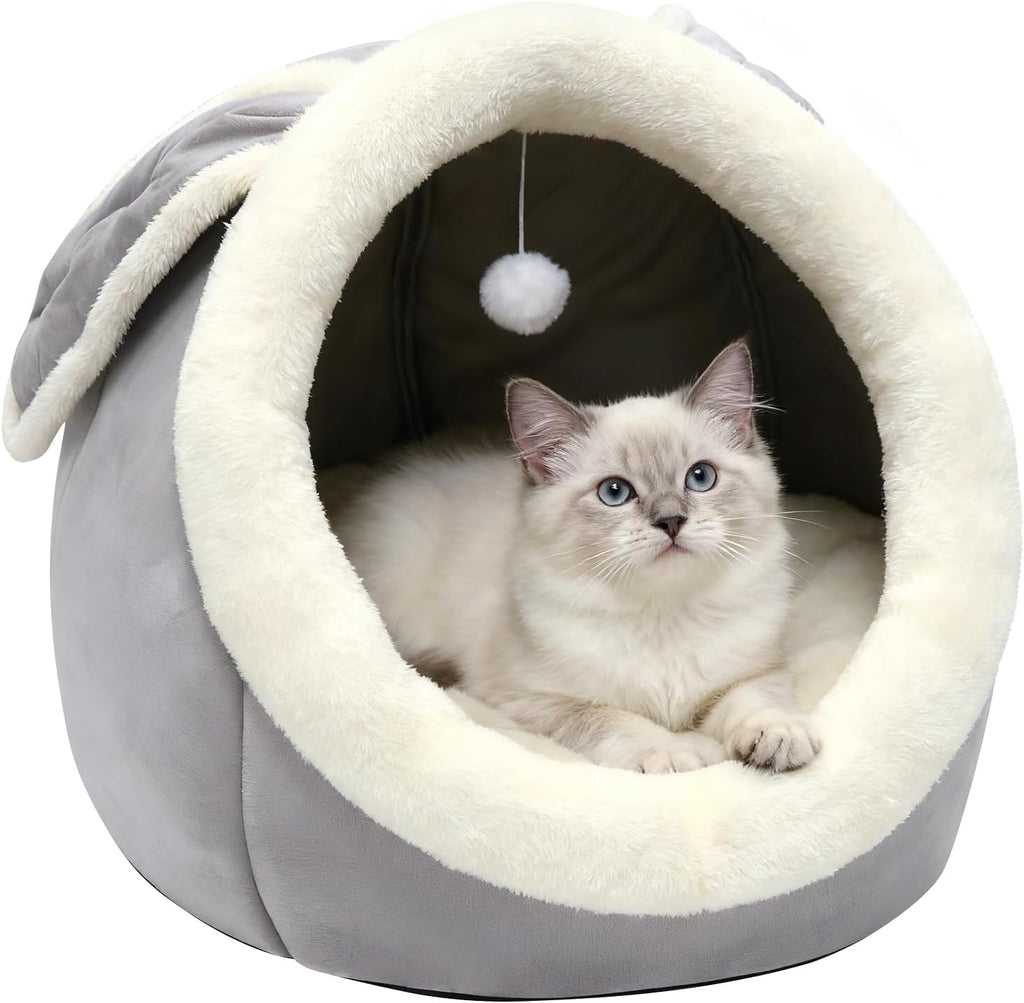 Cat Beds for Indoor Cats - Rabbit-Shaped Cat Cave Bed with Hanging Toy,Super Soft Calming Pet Bed for Kitten&Puppy,Small Dog,Warm Plush&Machine Washable&Removable Cotton Pad,cat Hideaway(Grey M) - Image 13