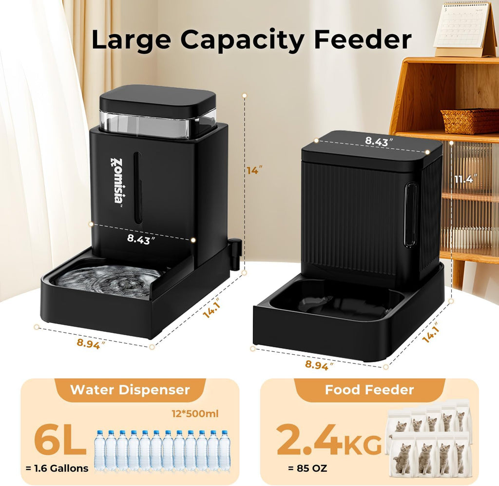ZOMISIA 2 in 1 automatic cat and dog feeder set in black
