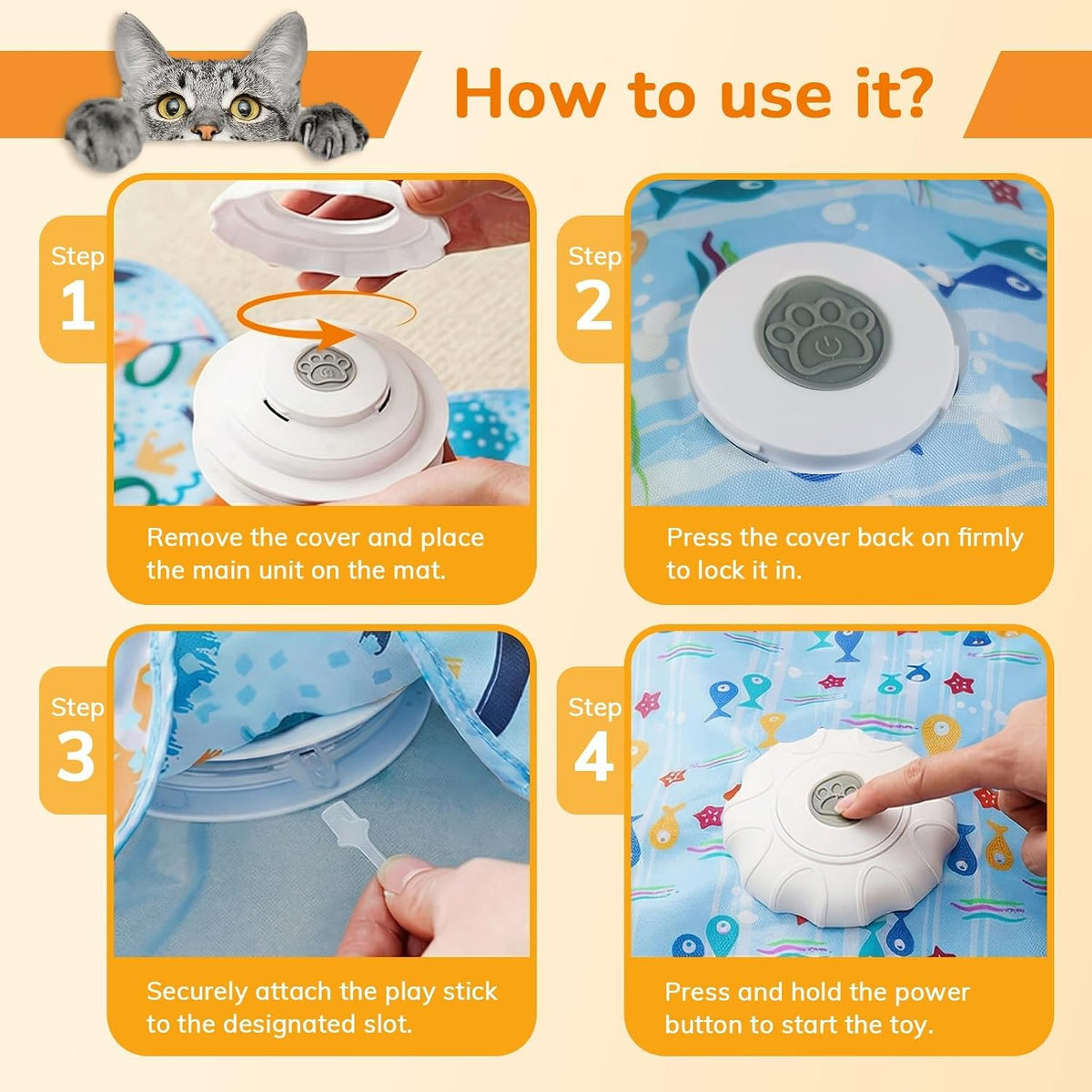 Blue star shaped polyester pet activity mat with colorful fish patterns.