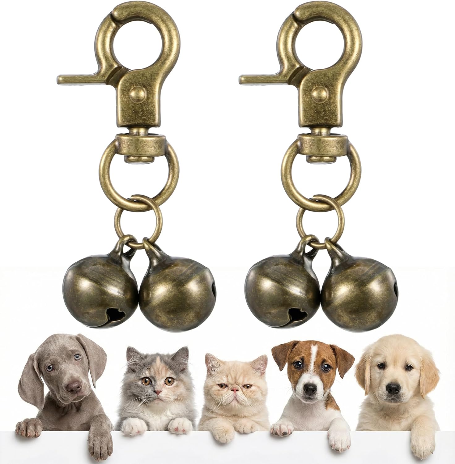 Complete two piece packaging view of the Maxqzin antique bronze wildlife safety bells for dogs and cats.