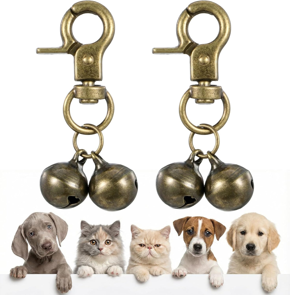 Complete two piece packaging view of the Maxqzin antique bronze wildlife safety bells for dogs and cats.